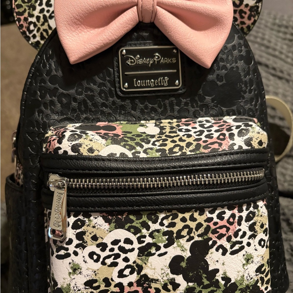 Loungefly Black and Pink Mini Backpack with Leopard Print